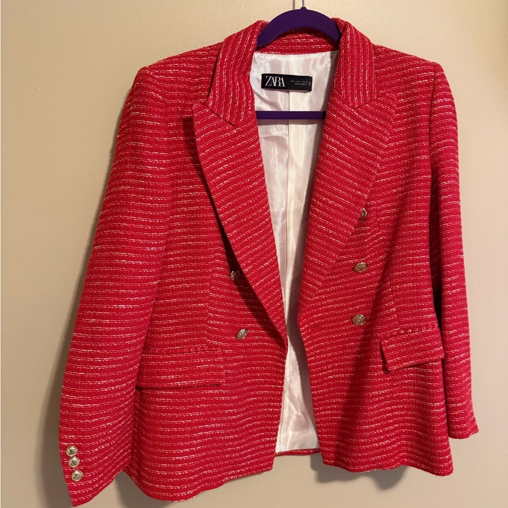 Zara Red Tweed Double-Breasted Bouclé Blazer - Picture 4 of 10